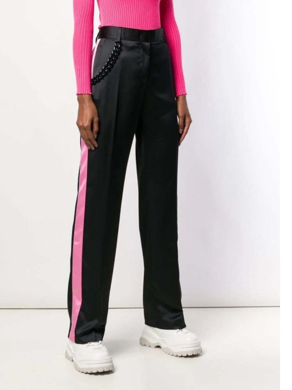 MSGMWomen's Black Wide-Leg Pants with Pink Side Stripe